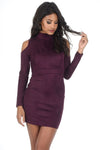 Plum faux suede High Neck Cold Shoulder Mini Dress