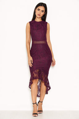 Plum Fishtail Hem Lace Midi Dress