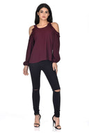 Plum Long Sleeve Frill Cold Shoulder Top