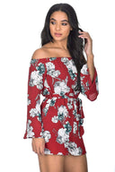 Red Floral Bardot Flared Sleeve Playsuit
