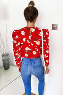 Red Floral Ruched Sleeve Top