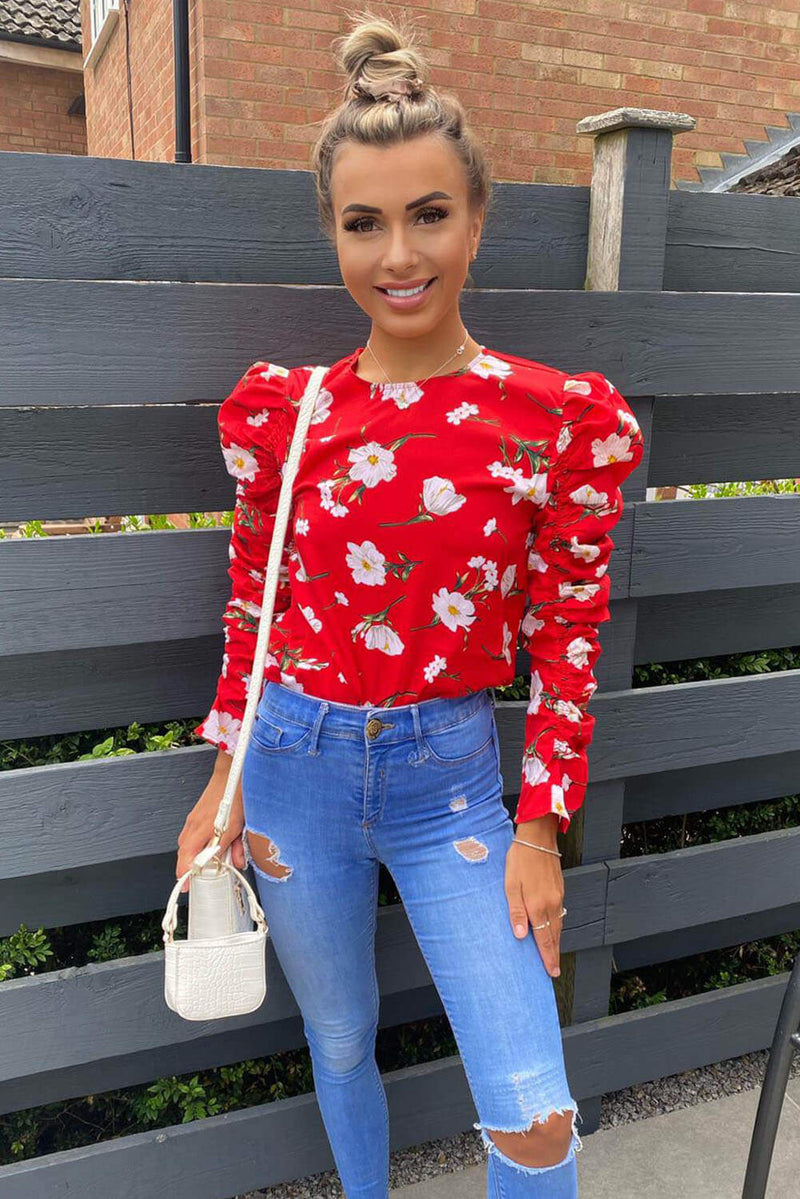 Red Floral Ruched Sleeve Top