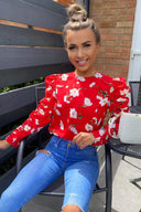 Red Floral Ruched Sleeve Top