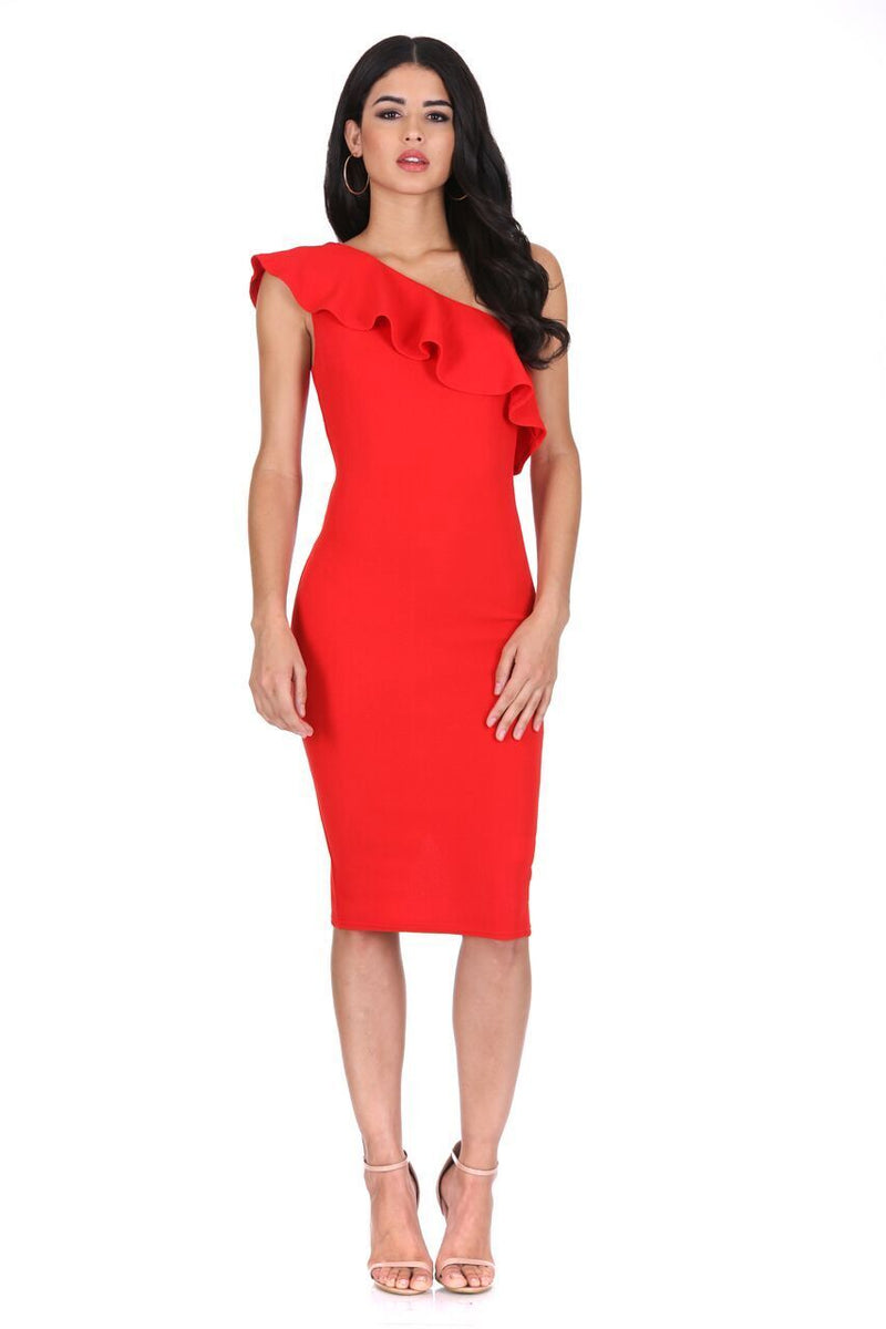 Red Asymmetric Frill Midi Dress