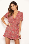 Red Floral Print Wrap V Neck Frilled Play Suit With Side Tie