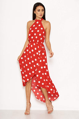 Red Polka Dot High Neck Wrap Dress