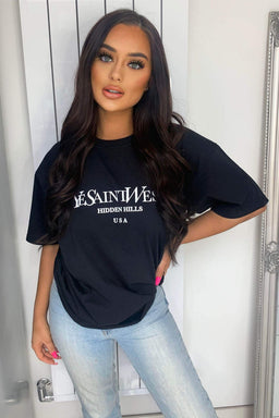 Black Slogan Printed Oversized Tee