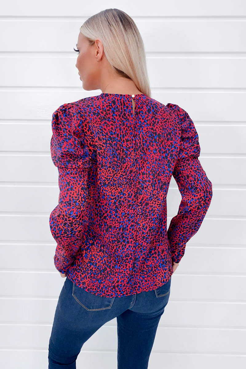 Red Animal Printed Puff Sleeve Blouse