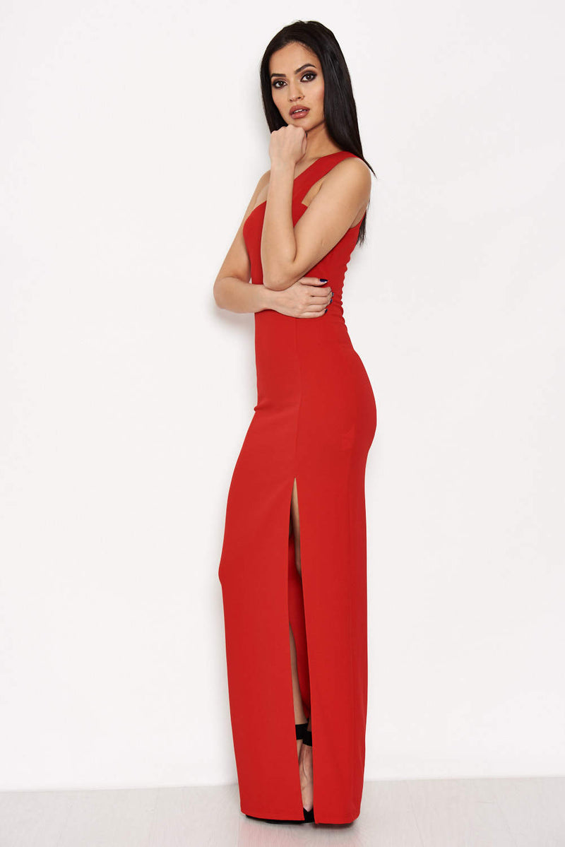 Red Asymmetric Thigh Split Maxi Dress