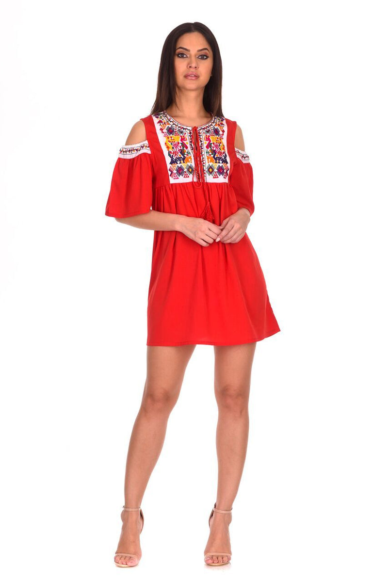 Red Aztec Cold Shoulder Dress