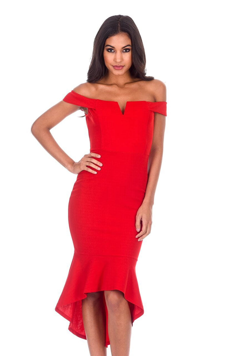 bardot fishtail midi dress Red Bardot Fishtail Midi Dress