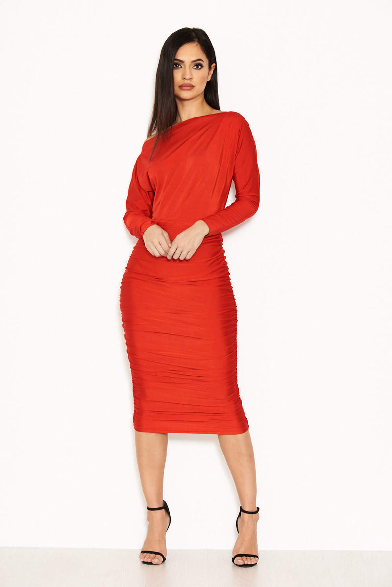Red Boat Neck Dress With Ruched Detail
