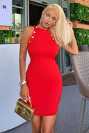 Red Button Front High Neck Dress