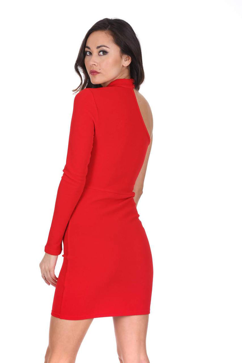 Red One Sleeve Choker Bodycon Dress