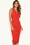 Red Cowl Neck Ruched Side Bodycon Midi Dress