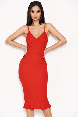 Red Crochet Embroidered Bodycon Dress