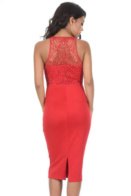 Red Crochet High Neck Midi Dress