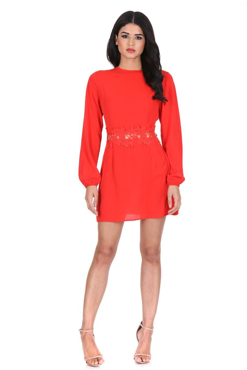 Red Crochet Waist Long Sleeved Dress