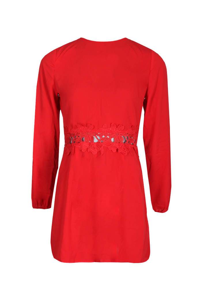 Red Crochet Waist Long Sleeved Dress