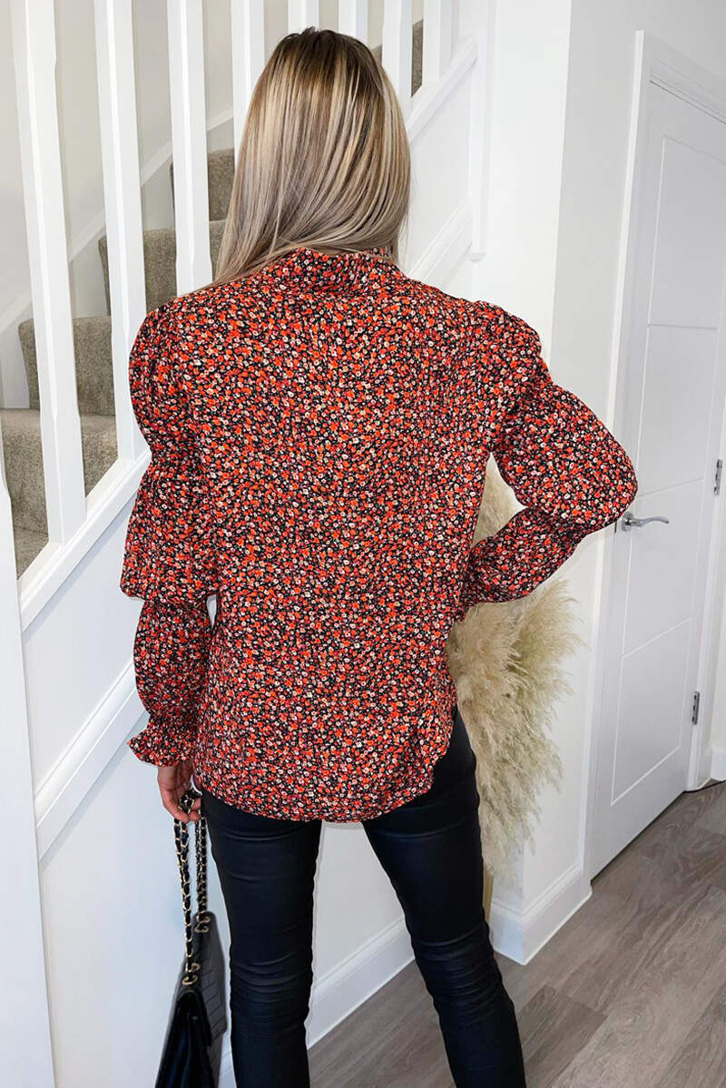 Red Ditsy Floral Grouped Sleeve Shirt