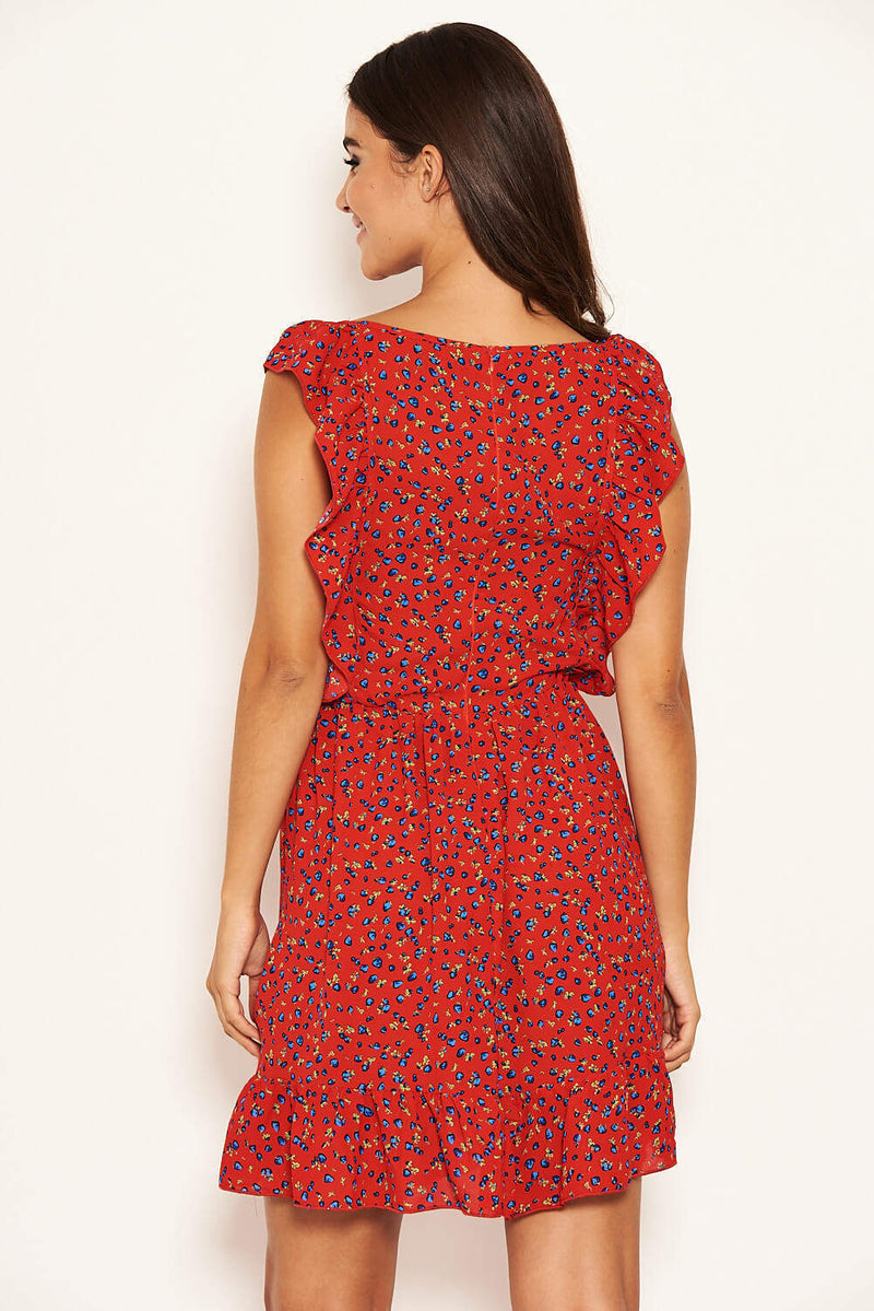 Red Ditsy Floral Square Neck Frill Dress