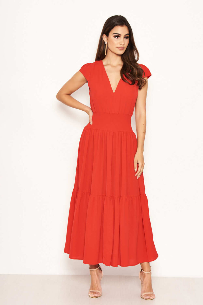 Red Elastic Waist Maxi Dress
