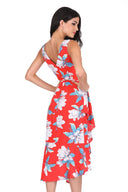 Red Floral Print Sleeveless Wrap Over Dress