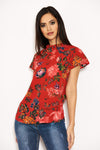 Red Floral High Neck Frill Top