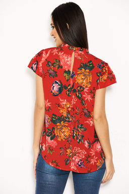 Red Floral High Neck Frill Top