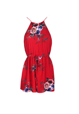 Red Floral High Neck Playsuit