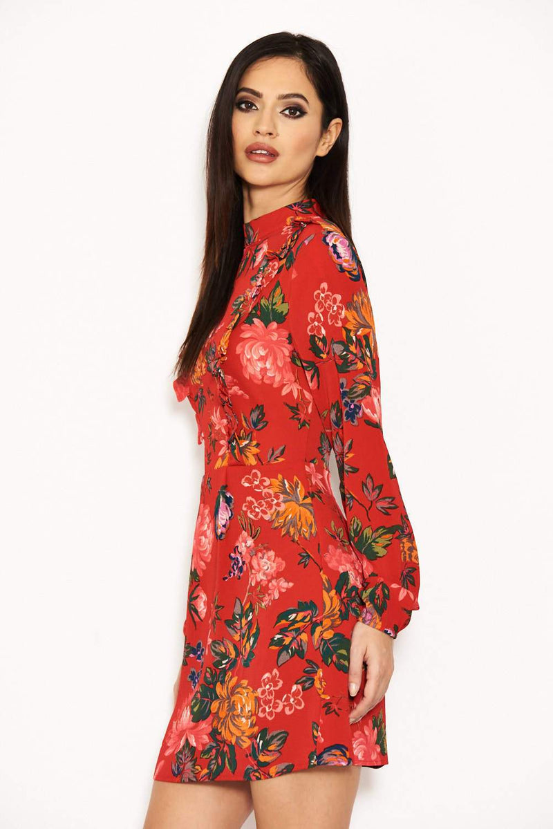 Red Floral Long Sleeve Frill Dress