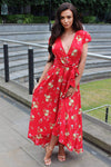 Red Floral Maxi Wrap Dress