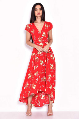 Red Floral Maxi Wrap Dress