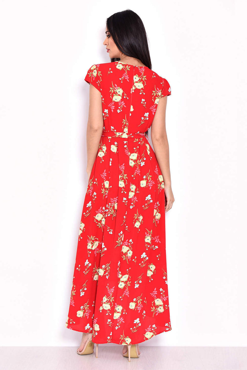 Red Floral Maxi Wrap Dress