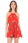 Red Floral Print Drawstring Playsuit