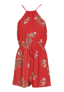 Red Floral Print Drawstring Playsuit