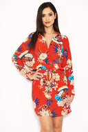 Red Floral Print Tie Waist Shirt Dress