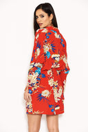 Red Floral Print Tie Waist Shirt Dress