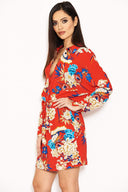 Red Floral Print Tie Waist Shirt Dress