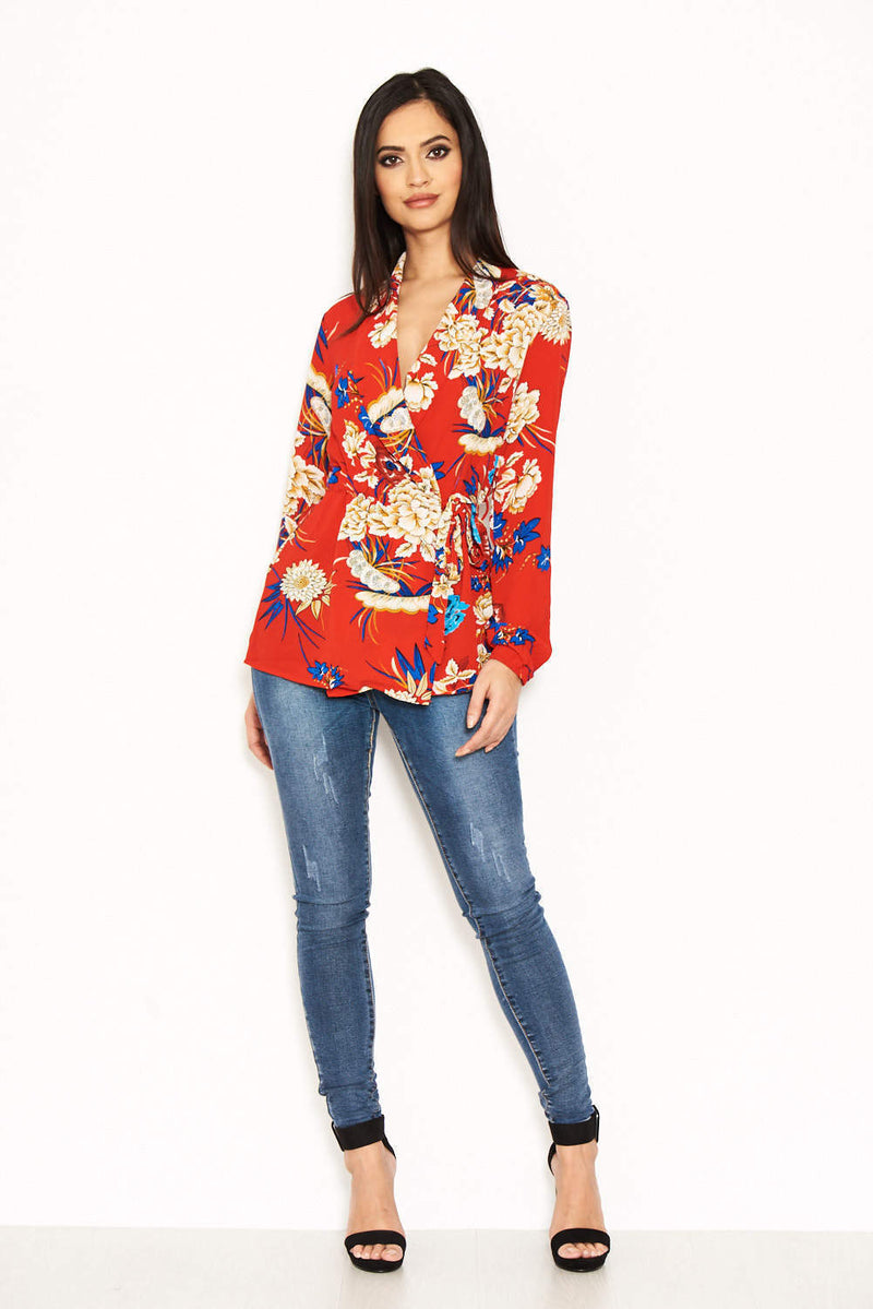 Red Floral Print Tie Waist Top