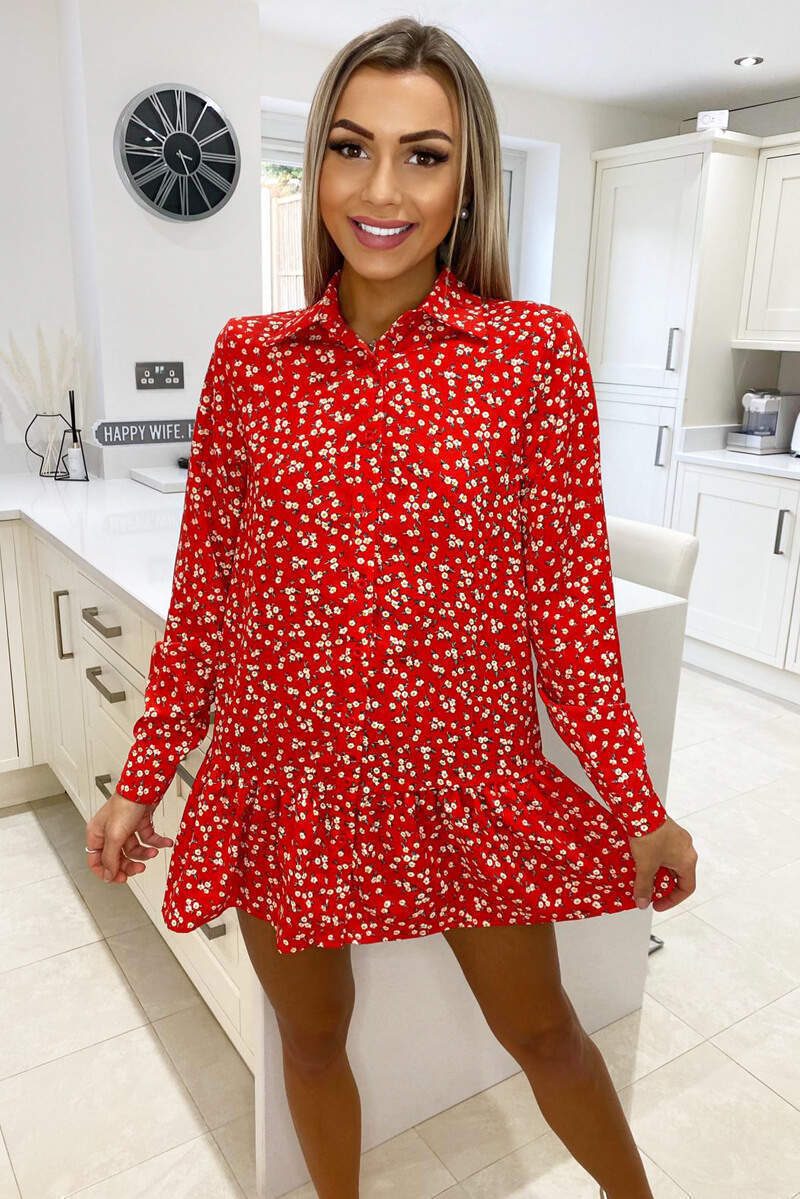 Red Floral Printed Shirt Dress