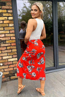 Red Floral Printed Split Front Skirt