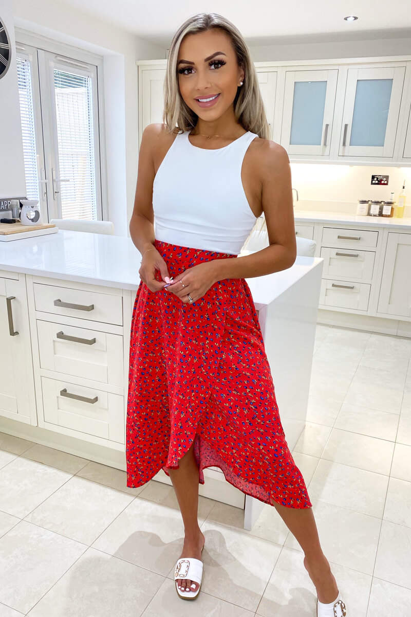 Red Floral Printed Wrap Over Skirt