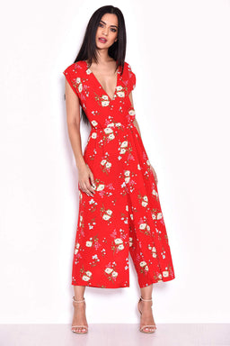 Red Floral Short Sleeved Jumpsuit
