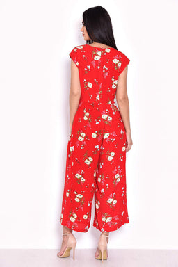 Red Floral Short Sleeved Jumpsuit