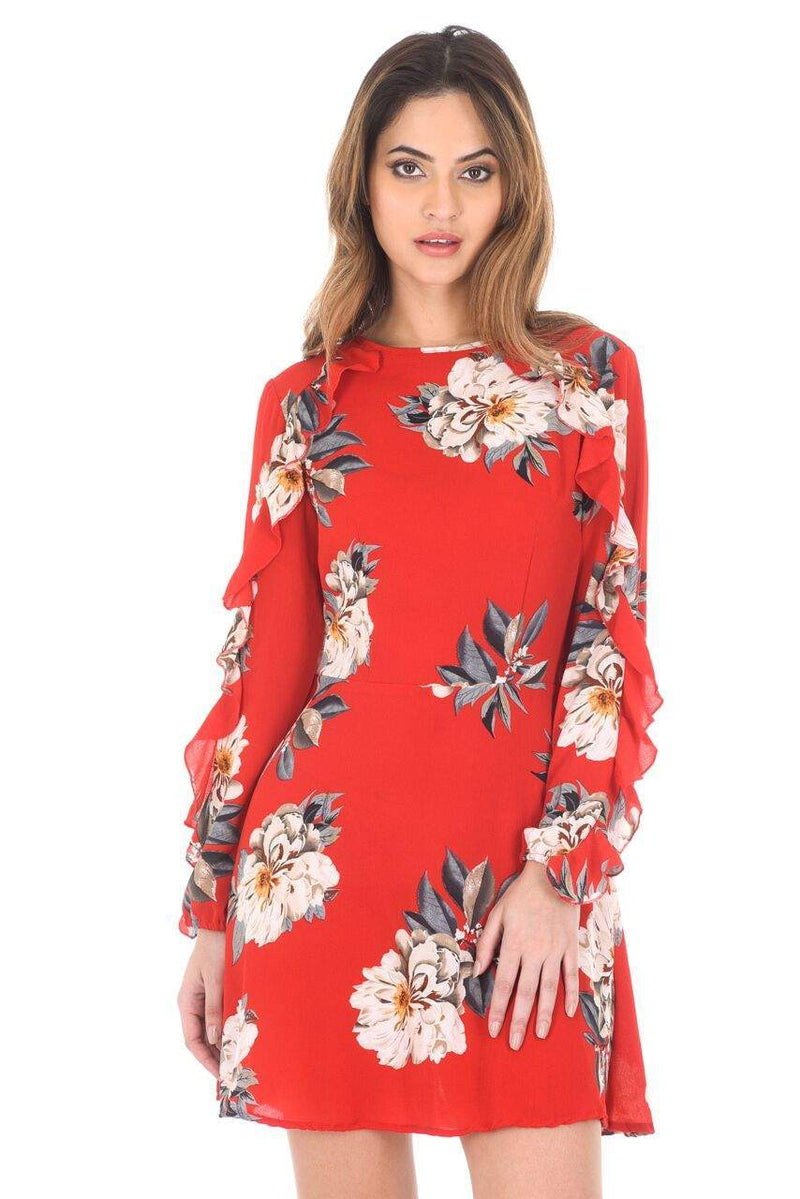 Red Floral Skater Dress With Frill Detail