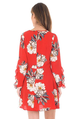 Red Floral Skater Dress With Frill Detail