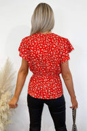 Red Floral Wrap Over Peplum Top