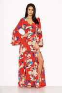 Red Floral Print Dress With Leg Split