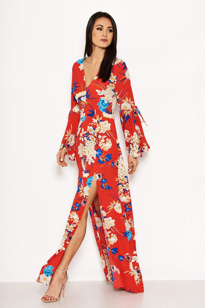 Red Floral Print Dress With Leg Split